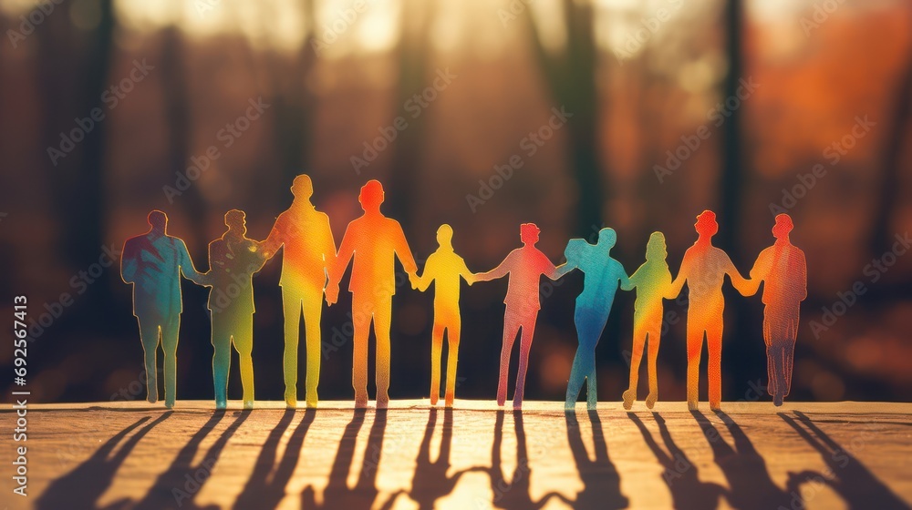 Silhouette of people from paper cut, blurred background. Teamwork, solidarity or family concept - obrazy, fototapety, plakaty 