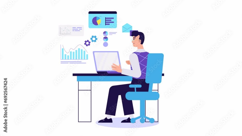 Businessman character work at laptop 2d animation. Financial graphs and charts, business. Accounting, analysis, audit, research. infographics. Finance statistics. office worker, manager, clerk Businessman character work at laptop 2d animation. Financial graphs and charts, business. Accounting, analysis, audit, research. infographics. Finance statistics. office worker, manager, clerk