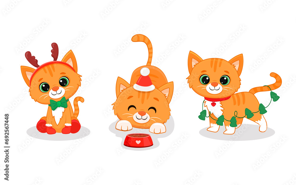 Cute cartoon red kitten Isolated on white. Christmas Illustration for design, banners, children's books and patterns. Funny Ginger cat in santa hat.