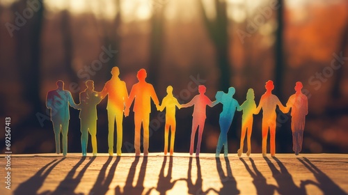 Silhouette of people from paper cut, blurred background. Teamwork, solidarity or family concept photo