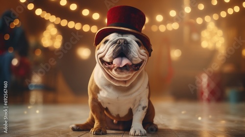 A happy bulldog wearing a festive hat, sitting on a rug