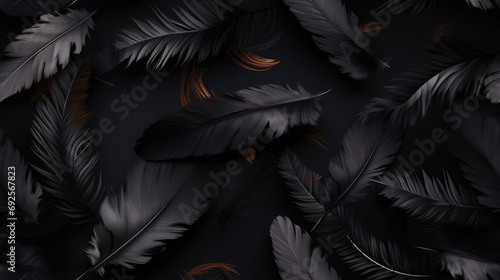 black feathers on black background, black feathers background, tiled background as loop and pattern. Backround ready for tiling with black feather and realistic lights photo