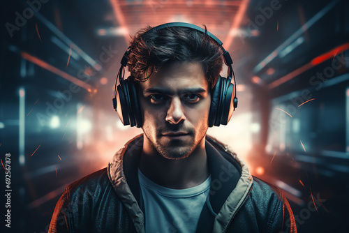 Generative AI photography image of man with headphones listening music fantasy energy vibe