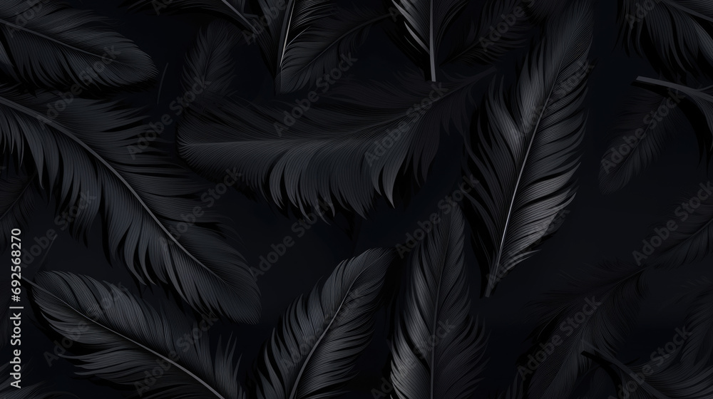Fototapeta premium black feathers background, tiled background as loop and pattern. Backround ready for tiling with black feather and realistic lights