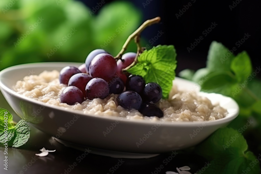 Delicious oatmeal porridge with grapes, raisins and mint. Healthy breakfast food. Delicious oatmeal porridge with grapes, raisins and mint. Healthy breakfast food.