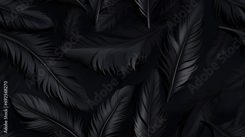 black feathers background, tiled background as loop and pattern. Backround ready for tiling with black feather and realistic lights © PAOLO