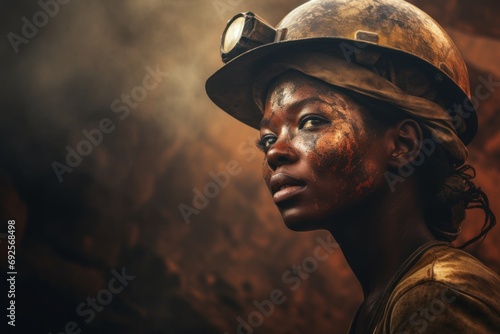 portrait of a young African woman miner in protective clothing photo
