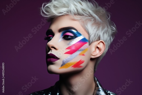 Young gay with make up and silver haircolor on puple background photo