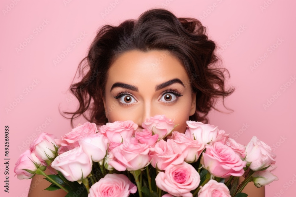 Surprised woman hiding her mouth behind flowers