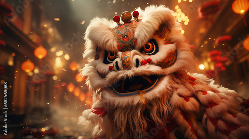 Dragon and lion dance show in Chinese New Year festival. Holiday celebration concept.
