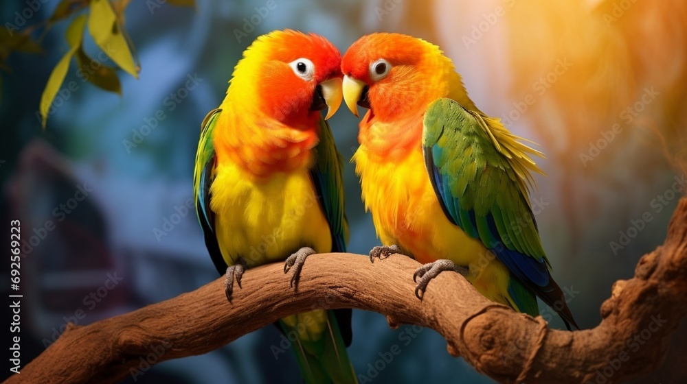 A pair of brightly colored lovebirds grooming each other A pair of brightly colored lovebirds grooming each other