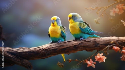 A pair of colorful parakeets perched on a natural branch