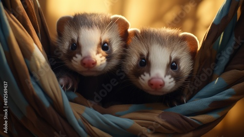 A pair of ferrets peeking out from a hammock in their cage photo