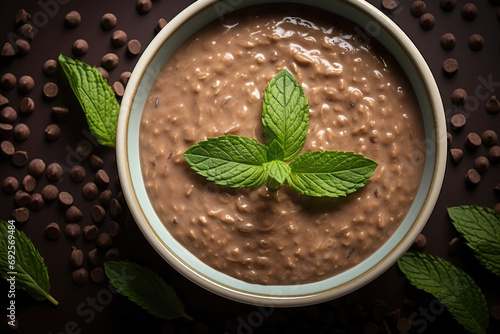 Delicious oatmeal porridge with chocolate, honey and mint. Healthy breakfast food, top view