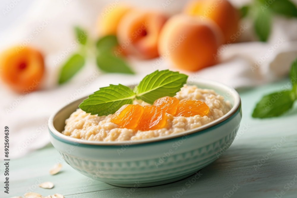 Delicious oatmeal porridge with apricots and mint. Healthy breakfast food. Delicious oatmeal porridge with apricots and mint. Healthy breakfast food.
