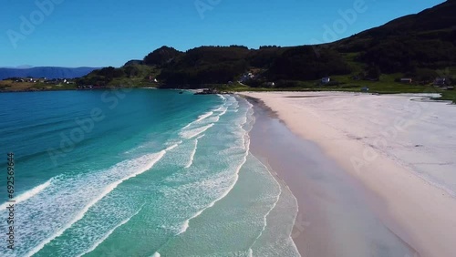 Aerial view of the Norwegian Sea coastline in summer, straight flight, over the Refviksanden beach, Norway
 photo