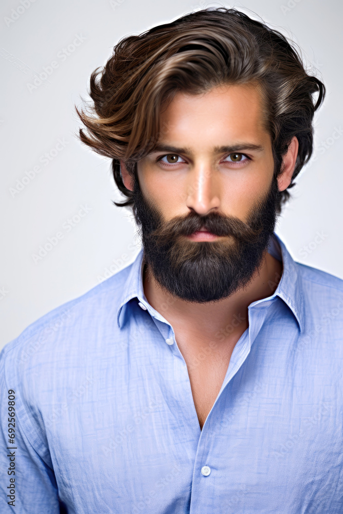 A bearded man shows off his good looks as he stands in a studio against a white backdrop A bearded man shows off his good looks as he stands in a studio against a white backdrop