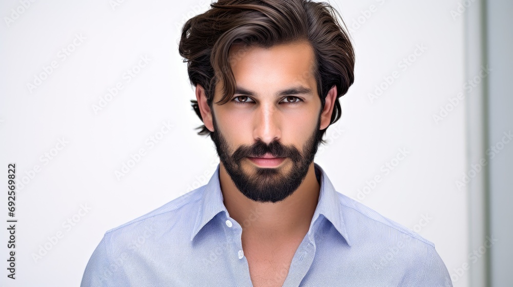 A bearded man shows off his good looks as he stands in a studio against a white backdrop A bearded man shows off his good looks as he stands in a studio against a white backdrop