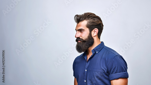 A bearded man shows off his good looks as he stands in a studio against a white backdrop