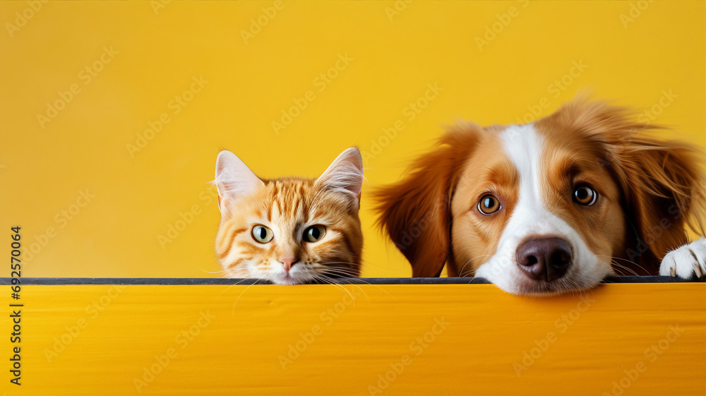 A cat and a dog peeking over a wooden ledge with curious expressions.. - obrazy, fototapety, plakaty 