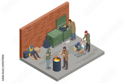 Isometric Underprivileged individuals, including homeless men and women, experiencing hunger and depression, living in substandard conditions, seeking assistance, and asking for financial help