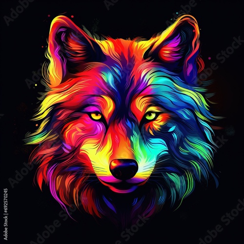 Wolf in abstract, graphic highlighters lines rainbow ultra-bright neon artistic portrait, commercial, surreal surrealism
