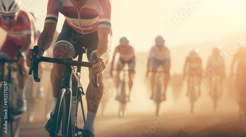 Group of Cyclists Riding Down a Dirt Road photo