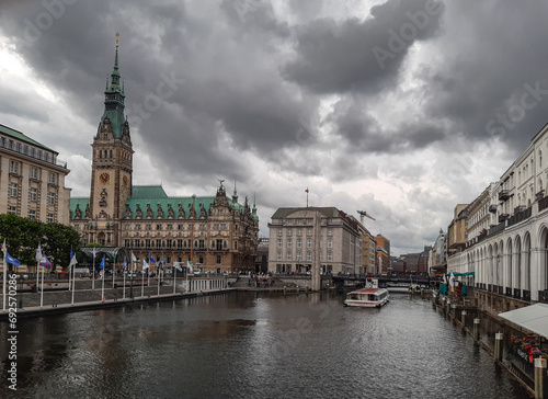 Stormy Sky over City Hall and Alsterarkaden in Hamburg