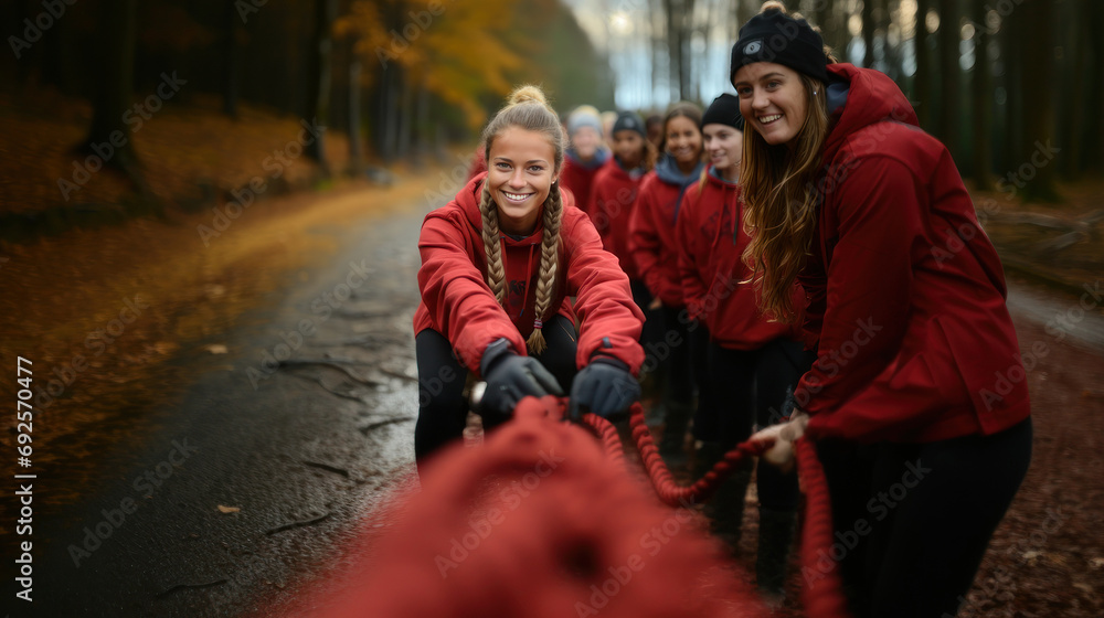 Group of young women pulling a rope during obstacle course in boot camp.