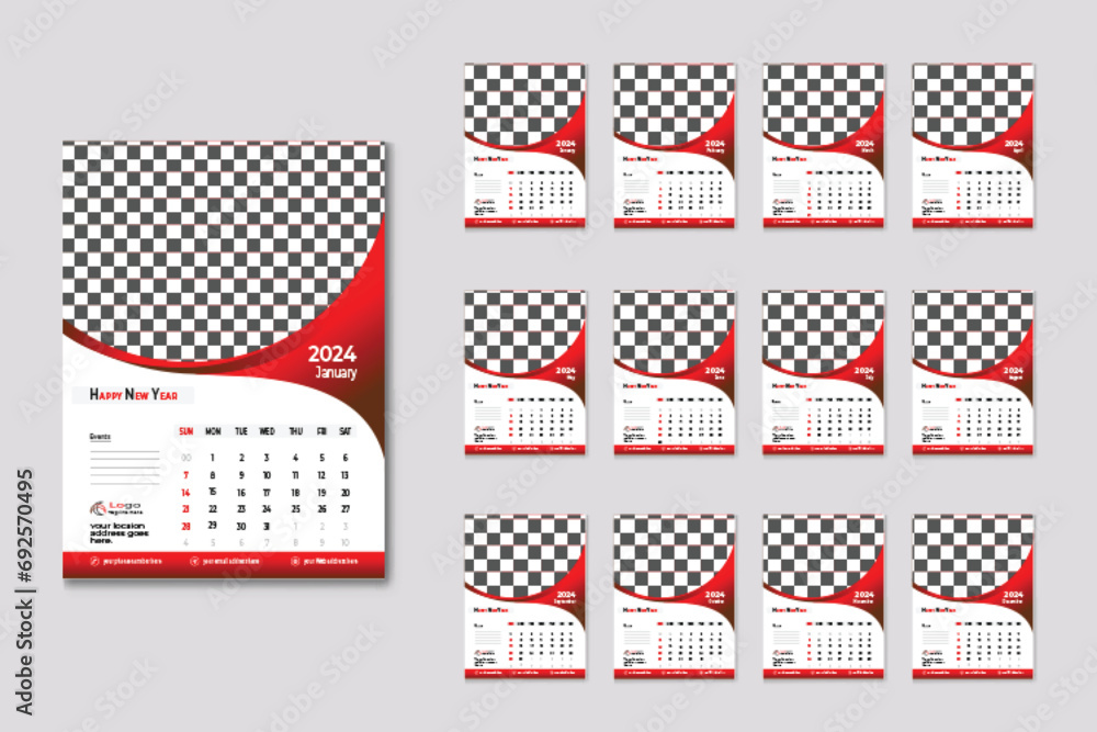 2024 happy new year wall Calander template design