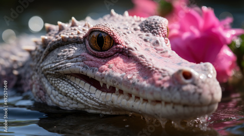 Close-up of crocodile head with pink flower in the background.