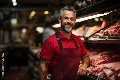 Portrait of a confident butcher standing in a meat store and smiling at the camera. ai generated