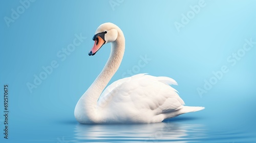A white swan floating on a lake. The swan is a large bird with a long, slender neck and a black bill. 