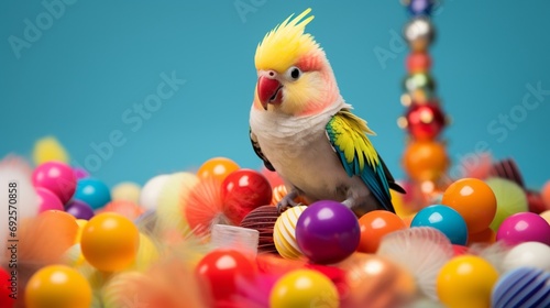 A playful cockatiel perched on a stack of colorful toys © Creativemind93