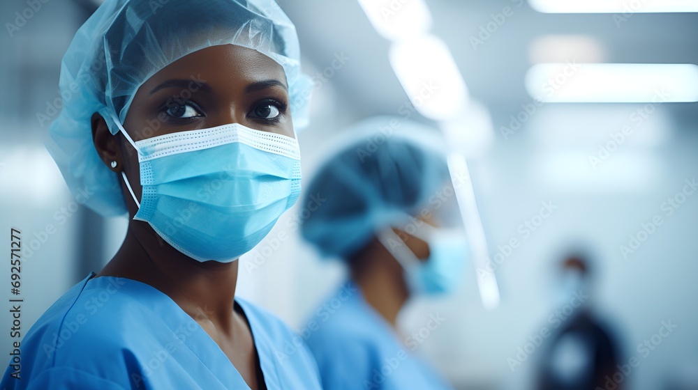 Portrait of Doctor in Surgical Mask with Team in Background Portrait of Doctor in Surgical Mask with Team in Background
