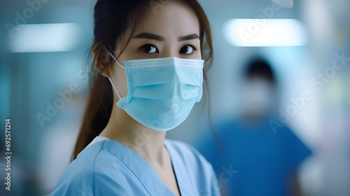 Portrait of a Doctor in Surgical Mask with Colleagues in Background