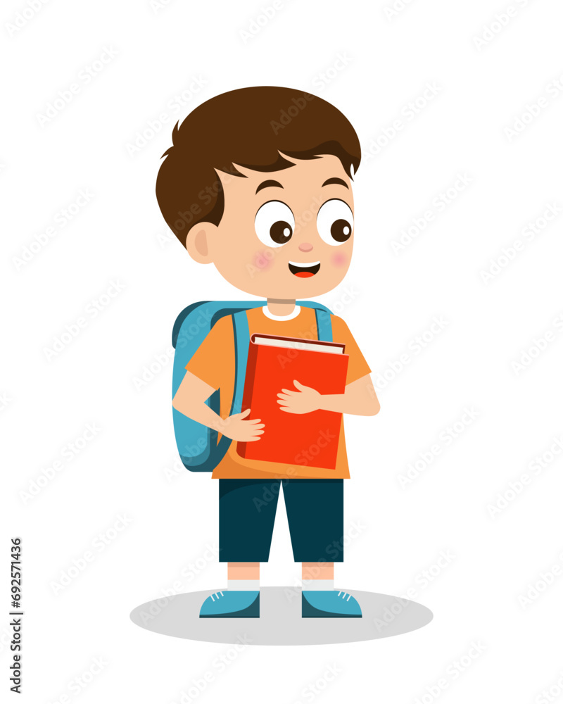 A schoolboy with a backpack and a book in his hands