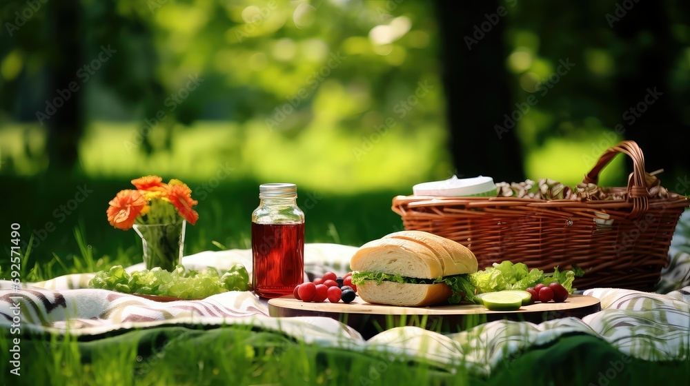 blanket grass picnic food illustration basket sandwiches, fruit cheese, snacks outdoor blanket grass picnic food