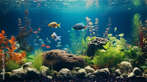 A serene aquarium scene with colorful fish swimming among aquatic plants