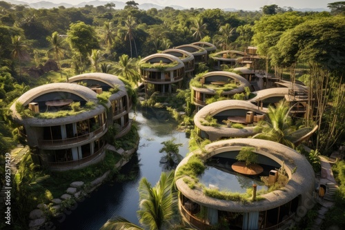 Aerial view of a sustainable eco-village surrounded by lush greenery, harmony with nature