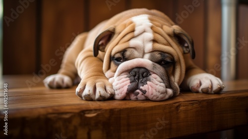 A sleepy-eyed bulldog resting its head on a comfortable pillow