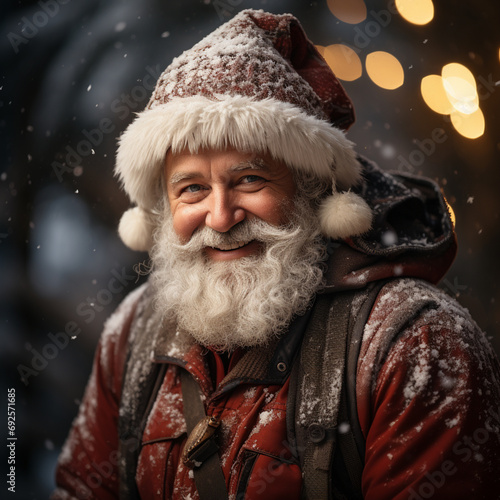 Santa Claus with winter festive clothes and gifts, AI generated