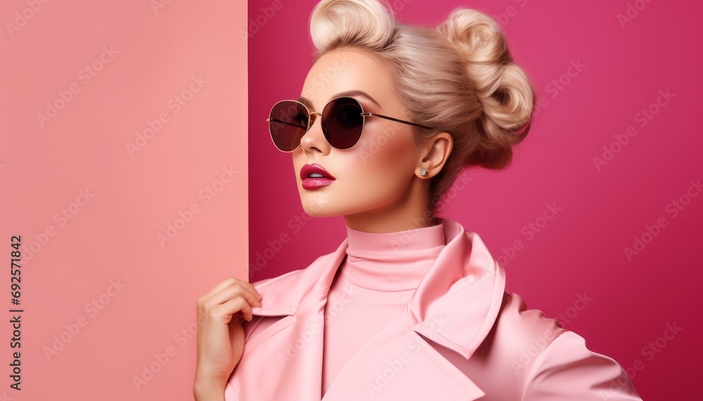A Fashionable Blonde Poses in Stylish Attire Chic in Pink A Fashionable Blonde Poses in Stylish Attire Chic in Pink
