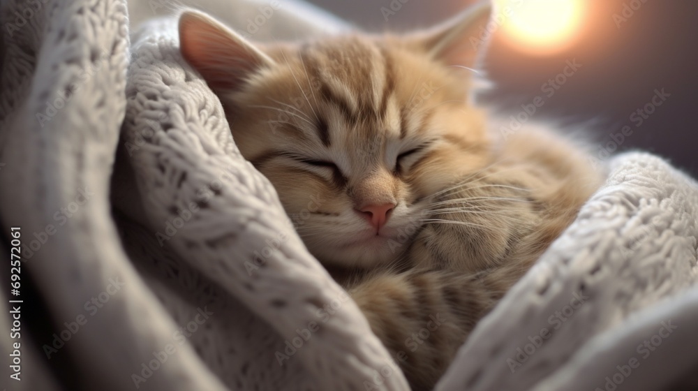 A sleepy kitten curled up in a soft, fuzzy blanket