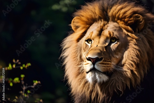 Close-up of a lion face head in the dark against the background of nature