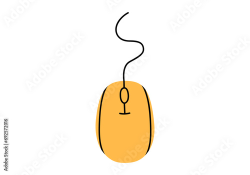 Hand drawn cute cartoon illustration of pc mouse. Flat vector computer accessory sticker in colored doodle style. Office or working device icon or print. Information technology. Isolated.