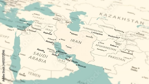 Iran on the world map. Smooth map rotation. 4K animation. photo