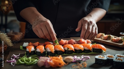 hands of a sushi chef making a beautiful plate of sushi generative ai