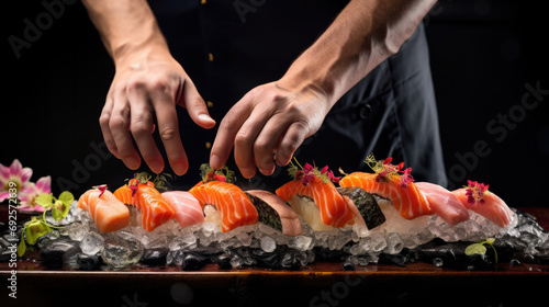 hands of a sushi chef creating a visually stunning sushi presentation generative ai