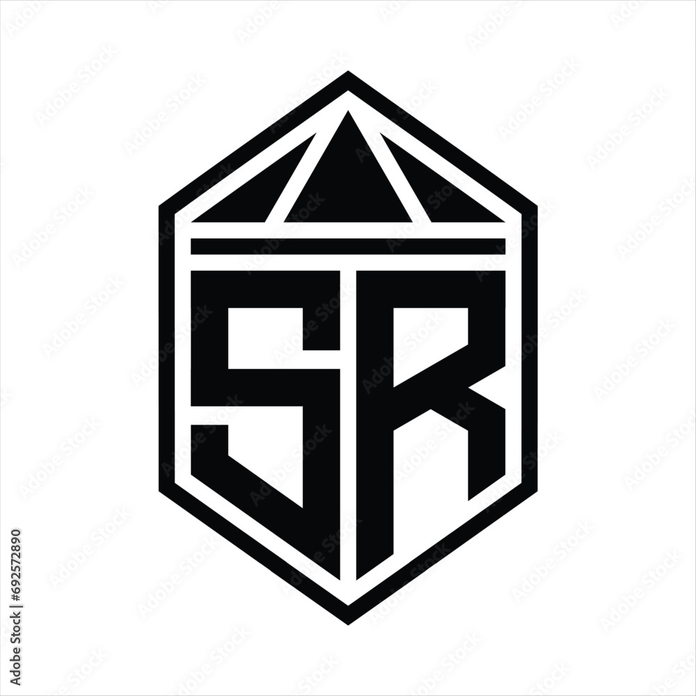 SR Letter Logo monogram simple hexagon shield shape with triangle crown isolated style design SR Letter Logo monogram simple hexagon shield shape with triangle crown isolated style design